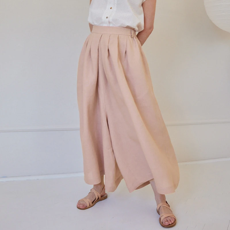 

Johnature Linen Cotton Pleated Texture Casual Wide-leg Pants 2024 Summer New French Vintage High-rise Loose Women Pants