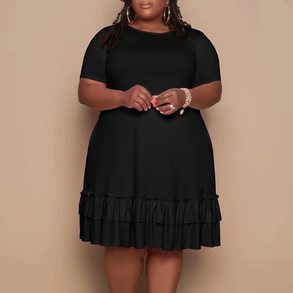 플러스 사이즈 반팔 티셔츠 원피스, 캐주얼 루즈 심 원피스, 라지 사이즈, 한국 여성 의류, 2024 여름 