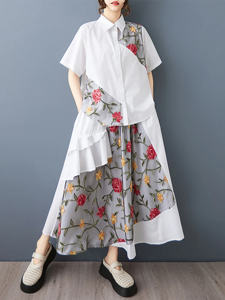 Embroidery Patchwork Summer Casual 2 Two Piece Set Short Sleeve Loose Blouse Women Shirt Top Fashion Clothing Skirt Suit 2025