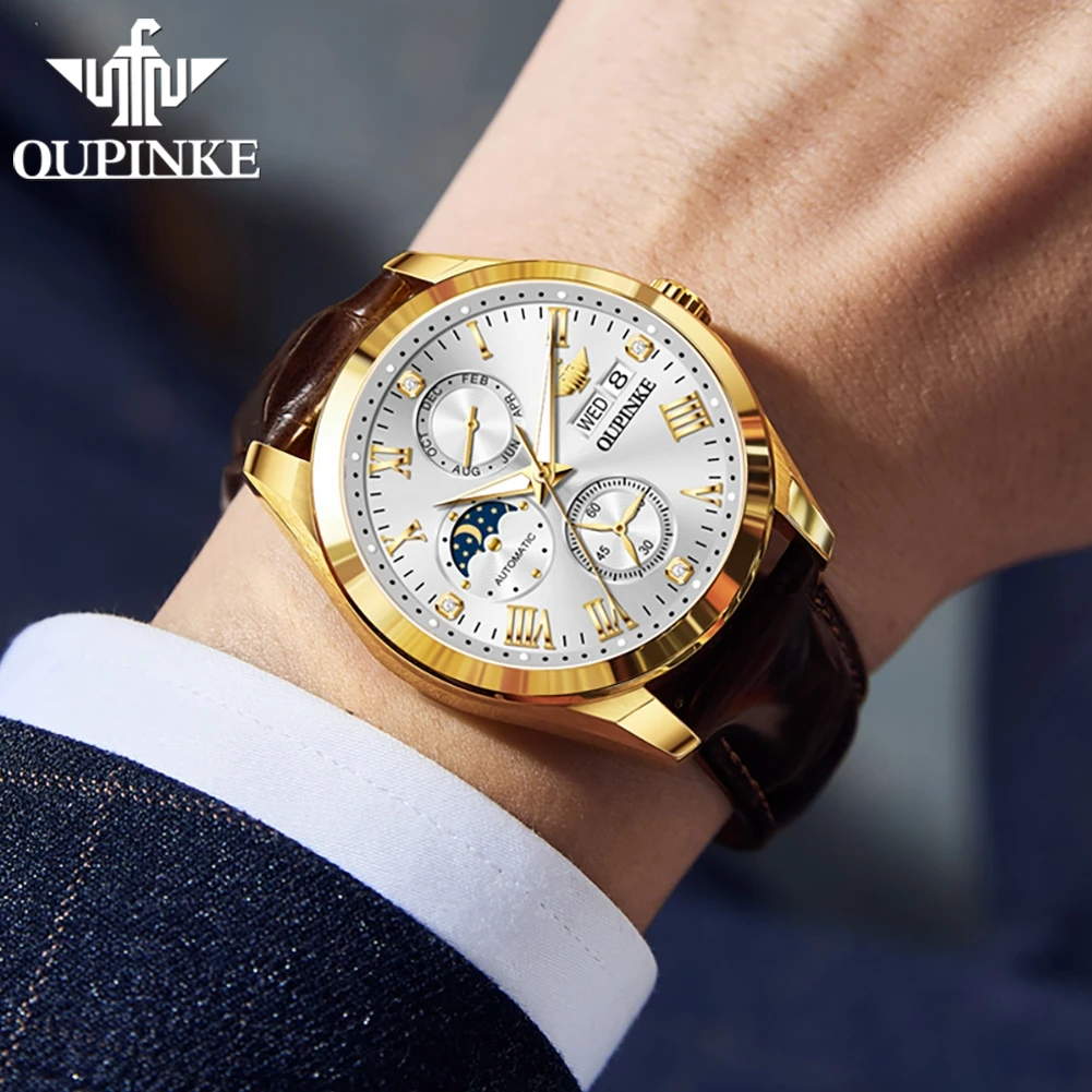 OUPINKE 3300 Automatic Man's Watch Moon Phase Auto Date Mechanical Watch For Men Roman Scale Luxury Waterproof Men Wristwatch