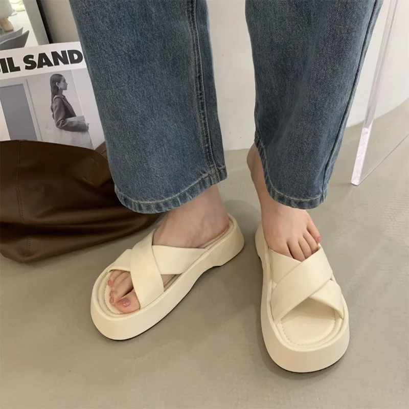 2024 Summer Open Toe Women Slippers Fashion Ladies Casual Platform Flat Heel Outdoor Beach Slides Shoes Flip Flops