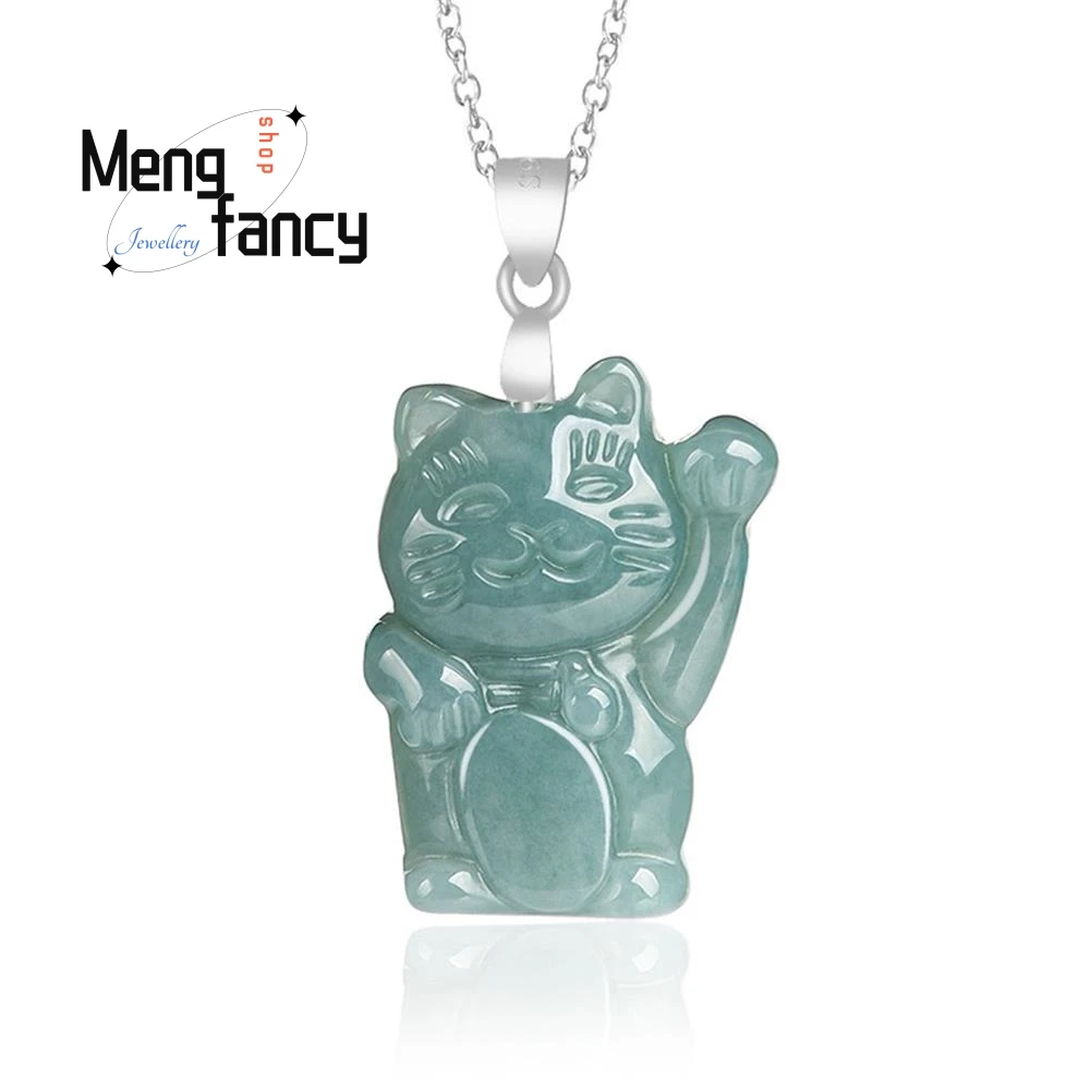 Natural A-goods Jadeite Blue Water Fortune Cat Jade Pendant S925 Silver Inlay Exquisite Cute Mascot Fashion Jewelry