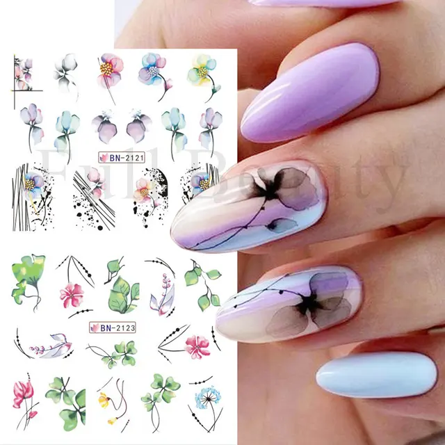 12pcs Geometry Flower Leaf Nail Stickers Line Graffiti Painted Colorful Slider Lnk Blooming Water decalcomanie Manicure SABN2113-2124 2