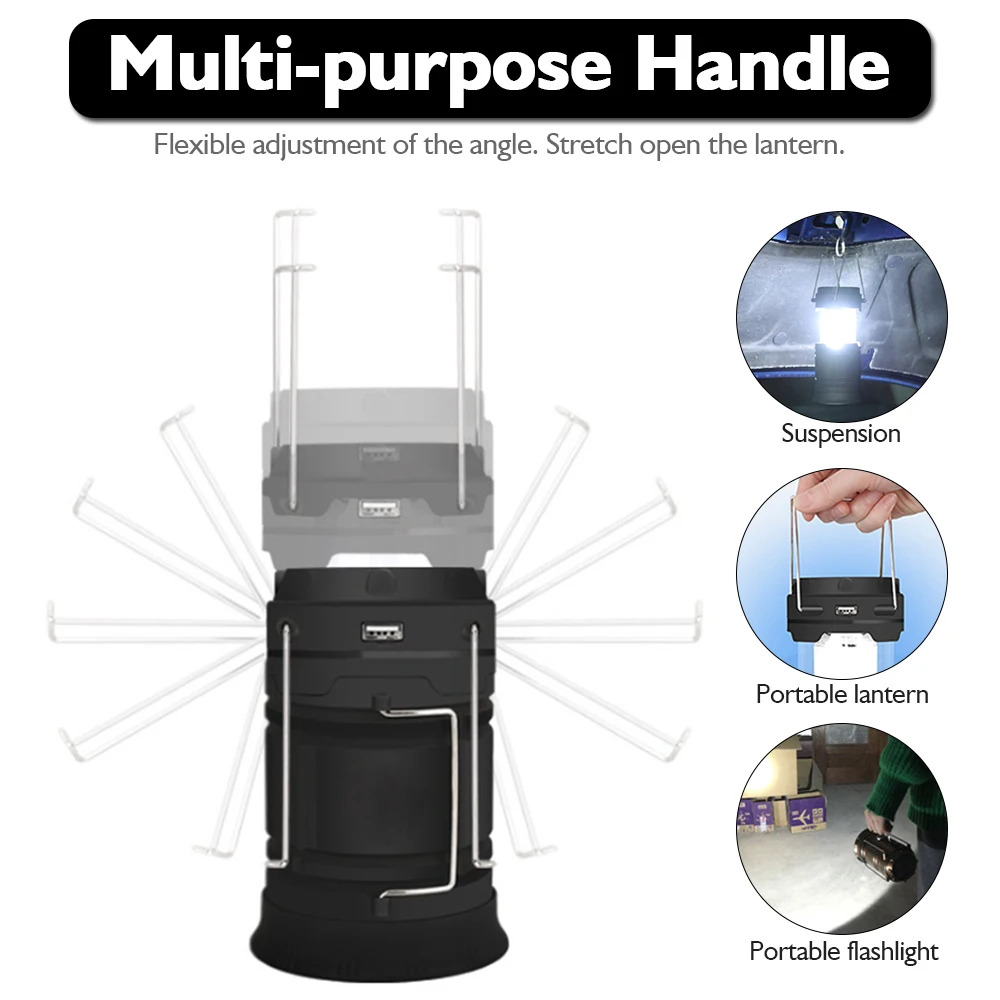 Camping Lamp USB Rechargeable Camping Light Outdoor Tent Light Lantern Solar Power Collapsible Lamp Flashlight Emergency Torch