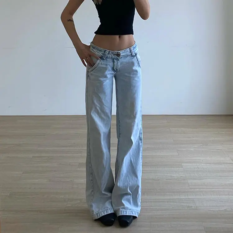 Light Blue Low Waist Jeans Woman Streetwear American Vintage Denim Pants Female Casual Washed Straight Pantalons Mujer 2