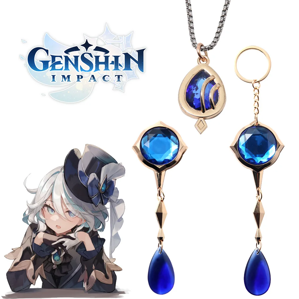 

New Genshin Impact Water Drop Pendant Necklace Furina Neuvillette Jewelry Sweater Chain Blue Crystal Accessories Gift