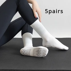 Women's Anti-Skid Yoga & Pilates Socks - Breathable Cotton, Mid-Tube Grips, 5 Pairs, 8 Colors - EUR 35-40 US 4.5-8.5 (5 pairs  White)