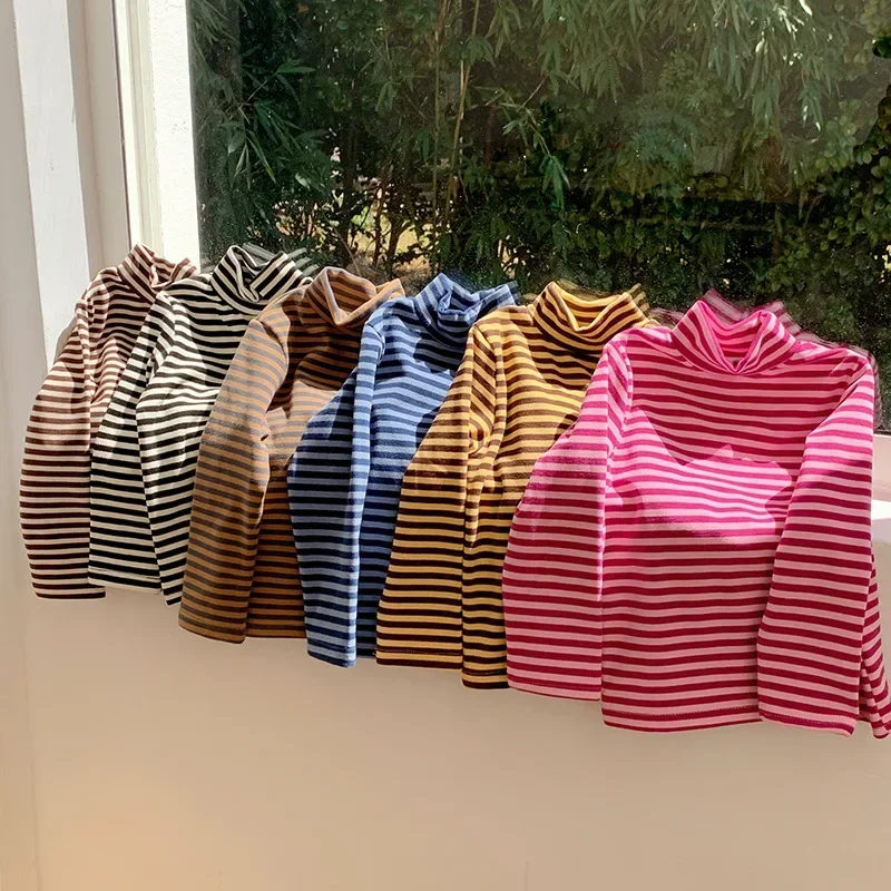 2-10T Toddler Kid Tshirt Baby Boy Girl Clothes Autumn Winter High Collar Cotton Infant T Shirt Striped Basic Tee Top Outfit 4