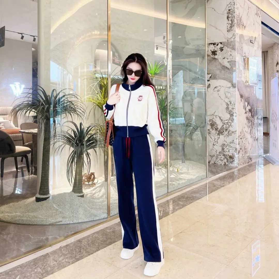 Leisure Fashion Sports Set Women's 2023 New Spring/Summer Korean Edition Spliced Top Slim Wide Leg Pants Two Piece Set