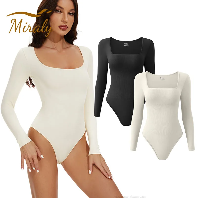 2024 New Women Autumn Long Sleeve Bodysuit Shapewear Seamless Body Sculpting Shaper Tummy Control Slimming Square Neck Tops