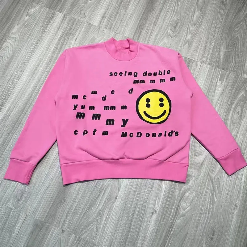 

CPFM Hoodies Smiling Face Pattern Alphabet Printing Vintage Pink Sweatshirts Casual Couple Men Women Autumn Winter Costume