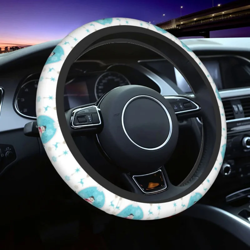 

Snowflakes and Snowman Cartoon Steering Wheel Cover Christmas Holiday Gift Decor Car Interior Accessories Women Men One Size