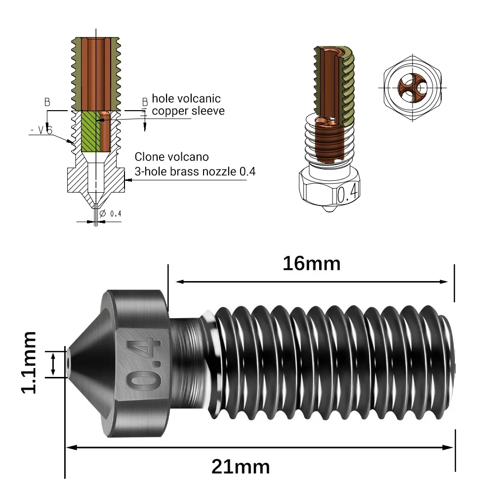For Artillery Sidewinder X1 X2 Genius Pro Vyper Clone CHT Volcano Nozzle High Flow Three-eyes 3D Printer Parts Hard steel Brass