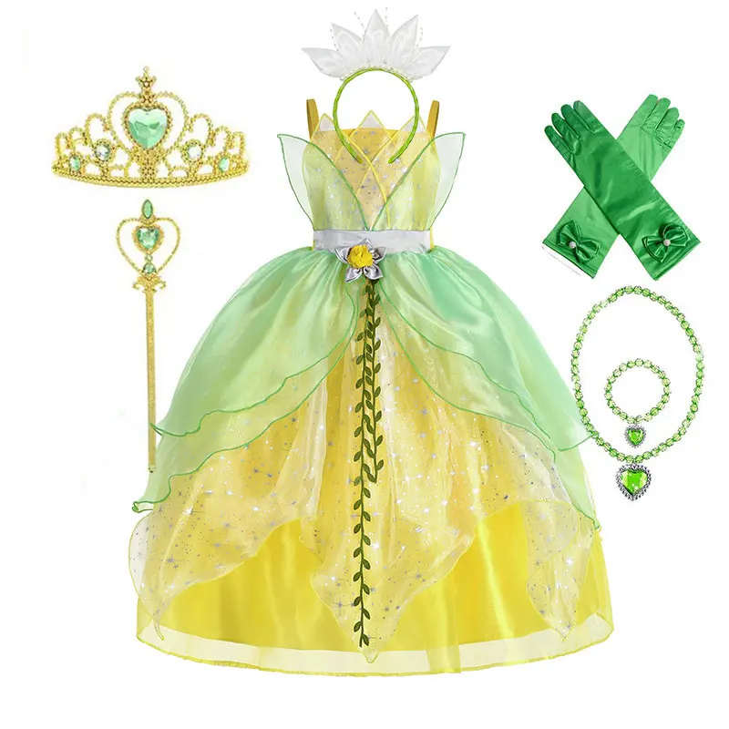 Classic Girls Fairy Tale Tiana Costume Cosplay Elegante Princess Green Party Dress Christmas Ball Gown Princess And Frog Vestidos