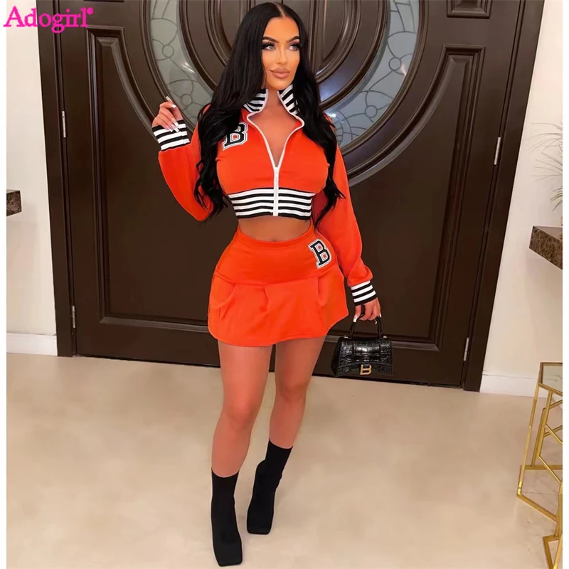 

Adogirl Letter B Print Two Piece Varsity Skirt Set Women Stripe Zip Up Long Sleeve Baseball Jacket Crop Top Skirts Jogging Suit