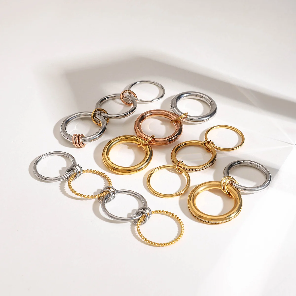 Punk Gold&silver Mix Color Stackable Rings Non Tarnish 18k Gold Plated Multi -link Connected CZ Zircon Ring Set Dainty Jewelry