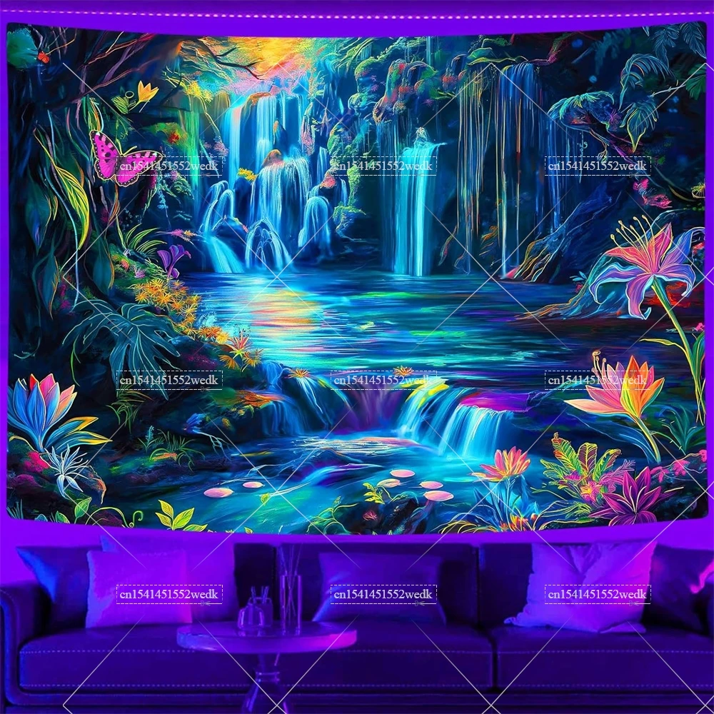 Flowers Blacklight Tapestry UV Reactive Trippy Landscape Neon Tapestry Mountain Wave Tapestries Aesthetic Room Decor Posters
