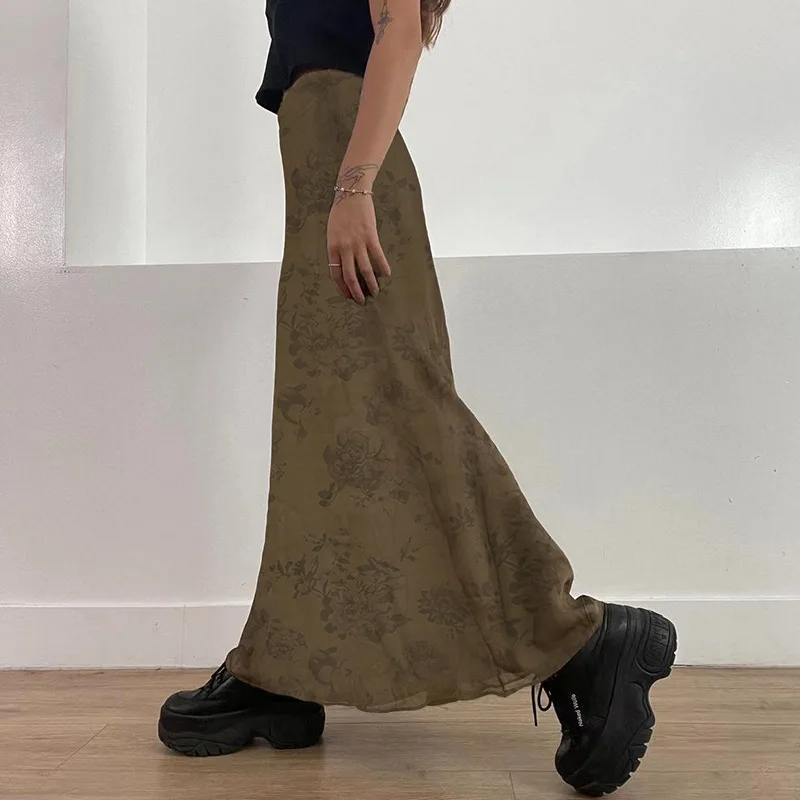 Falda larga Y2K para mujer, ropa vintage, estampado floral, cintura alta, faldas de malla, faldas grunge de los años 2000, ropa de fiesta, ropa de calle