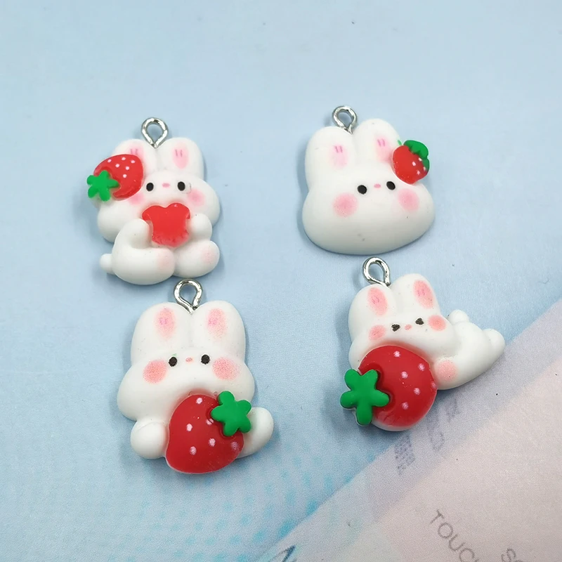 10pcs Cute Animal Rabbit Resin Charms For Earring Keychain Lovely Strawberry Pendant DIY Flatback Crafts Jewelry Making C871