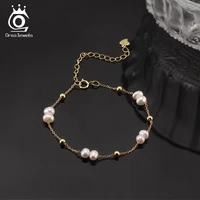 ORSA JEWELS 925 Sterling Silver Pearls Chain Bracelet Vinatge 14K Gold Pearl Beads Bracelet on Hand Female Party Jewelry GPB40 3
