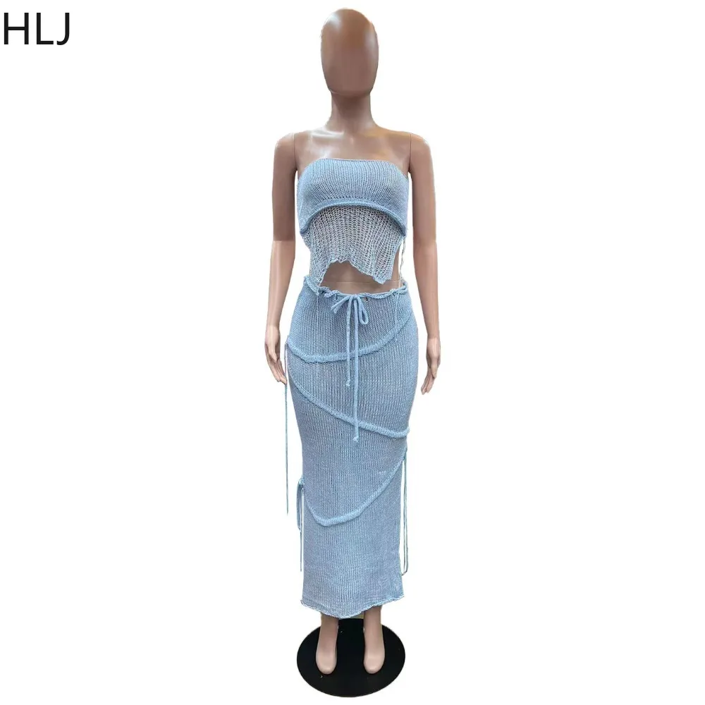 HLJ Fashion Streetwear Women Knitting Tassels Sleeveless Tube Top And Skinny Skirts Outfits Sexy Female Backless Lace Up Clothes