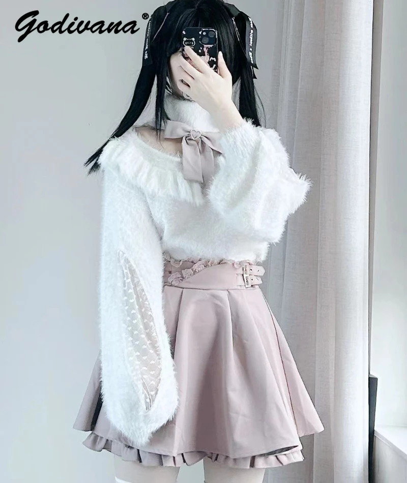 

Japanese Mine-Style Love Lace Bowknot Long-Sleeved Faux Mink Sweater Female Girls Sweet White Furry Knitwear Knitted Tops