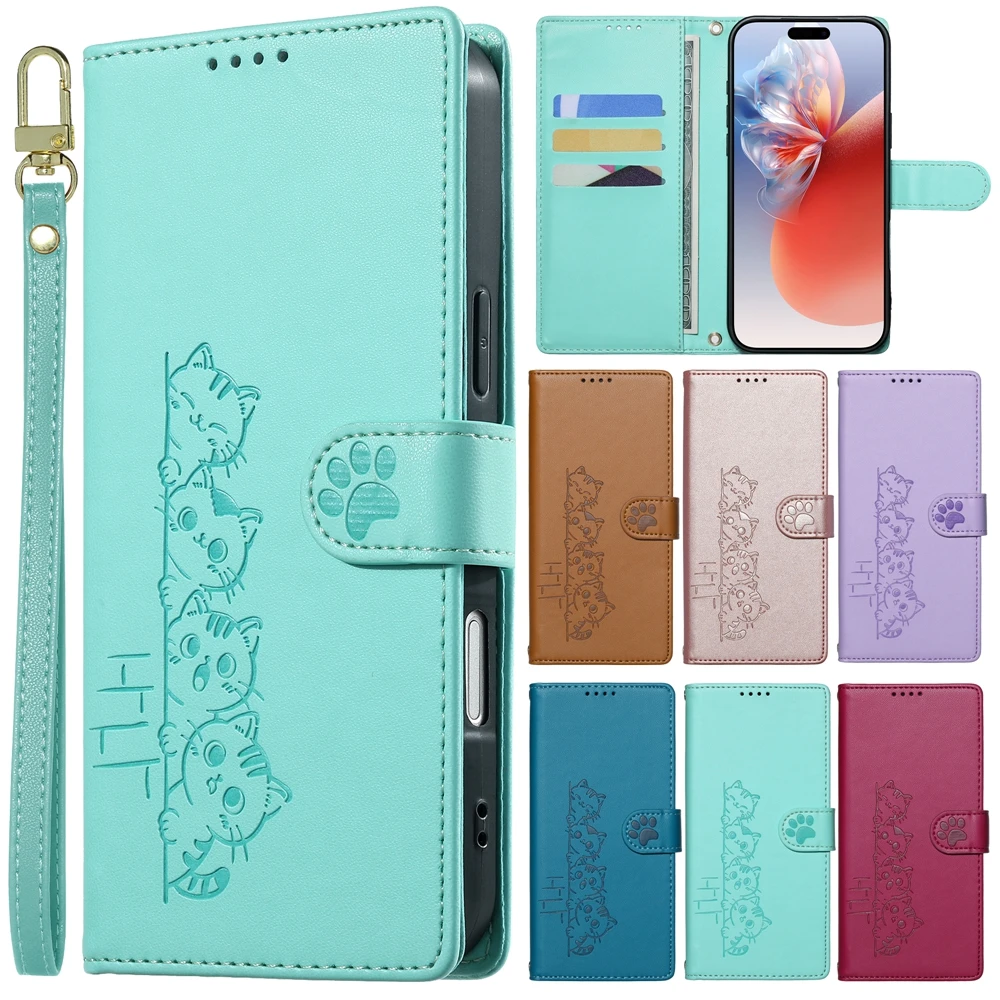 Cute Cat Leather Flip Phone Case with Strap - Stylish  Design