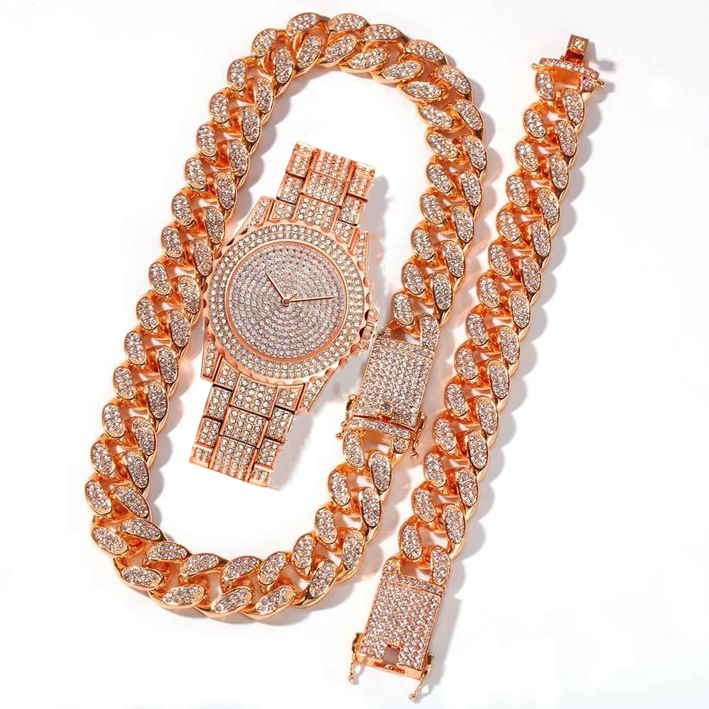 3PCS Mens Women Watches Jewelry Set Iced Out Watch Necklace Bracelet Bling Bling Diamond Miama Cuban Link Chain Choker Men Watch