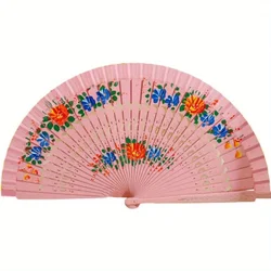 Elegant Wood Handcrafted Spanish Folding Fan - Decorative Dance and Gift Accessory (Pink)