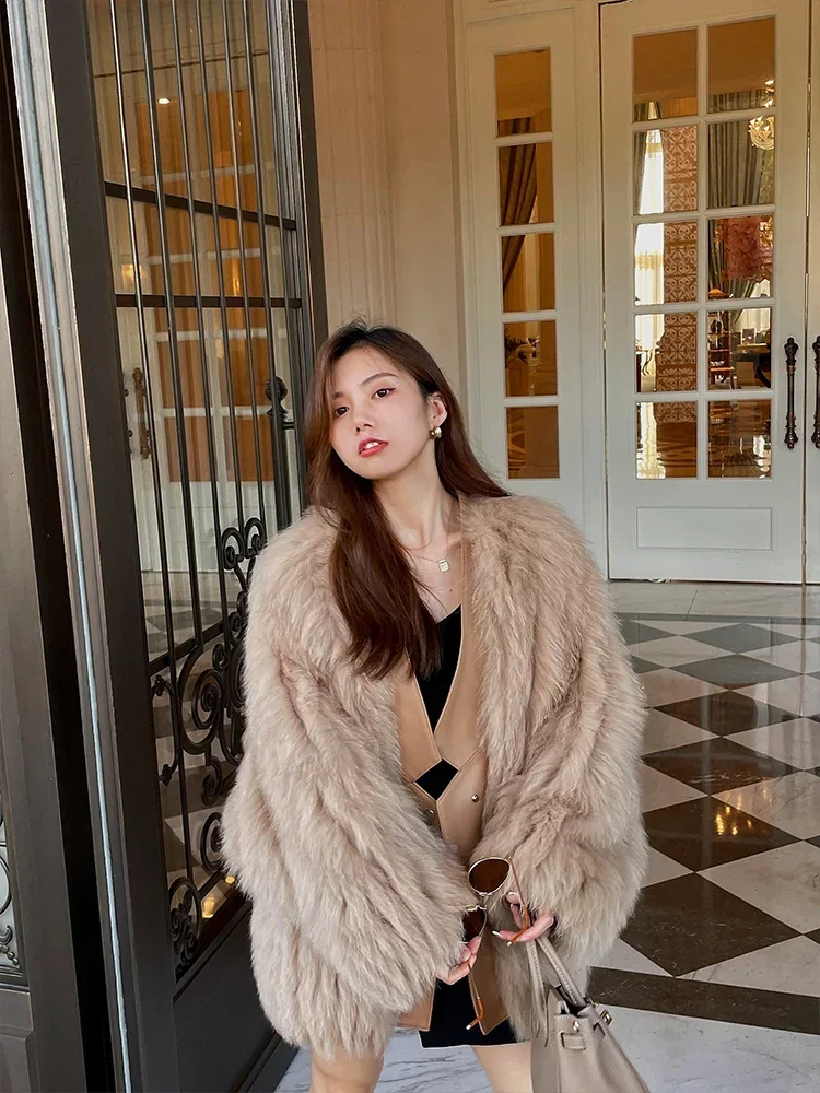 

Real Fox Fur Woven Coat Women's Clothing Winter Young Fashion Loose Jackets Long Sleeve V-neck Thick Warm Fur Knitted Outerwear