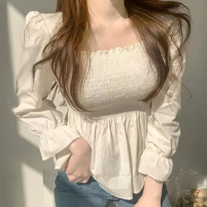 Square Neck Slim Shirt for Women Elegant White Blouse Long Sleeve Tops Office Lady Fashion New 8023