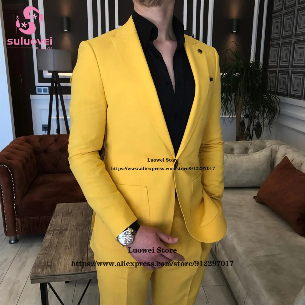 Casual Business One Button Suits For Men Slim Fit 2 Piece Jacket Pants Set Male Blazer Formal Groom Wedding Peaked Lapel Tuxedo