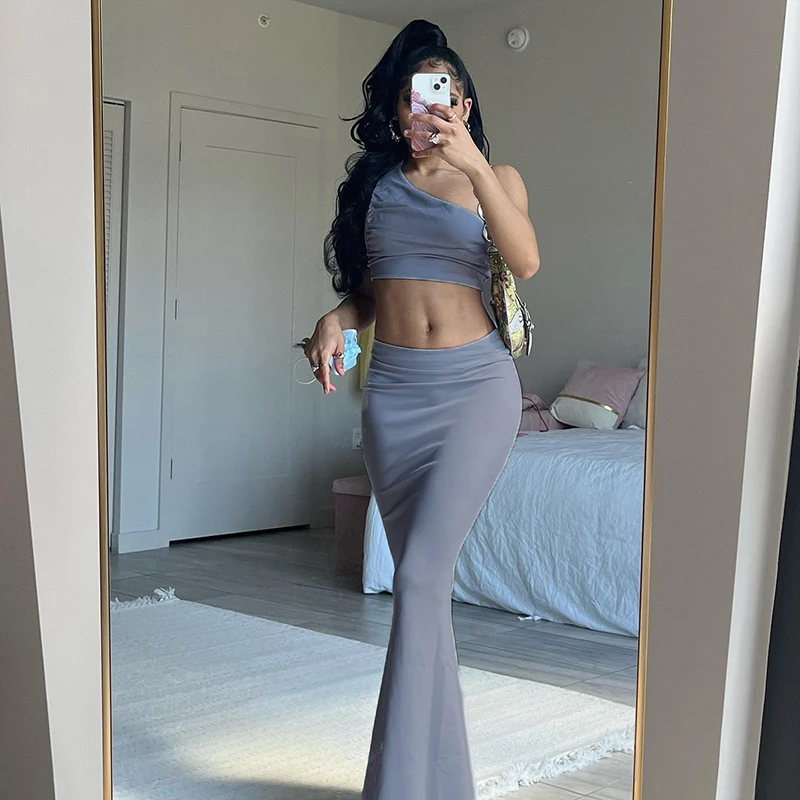 

Women Two Piece Summer Skirts Outfits Sleeveless One Shoulder Crop Tank Tops and Midi Skirt Set