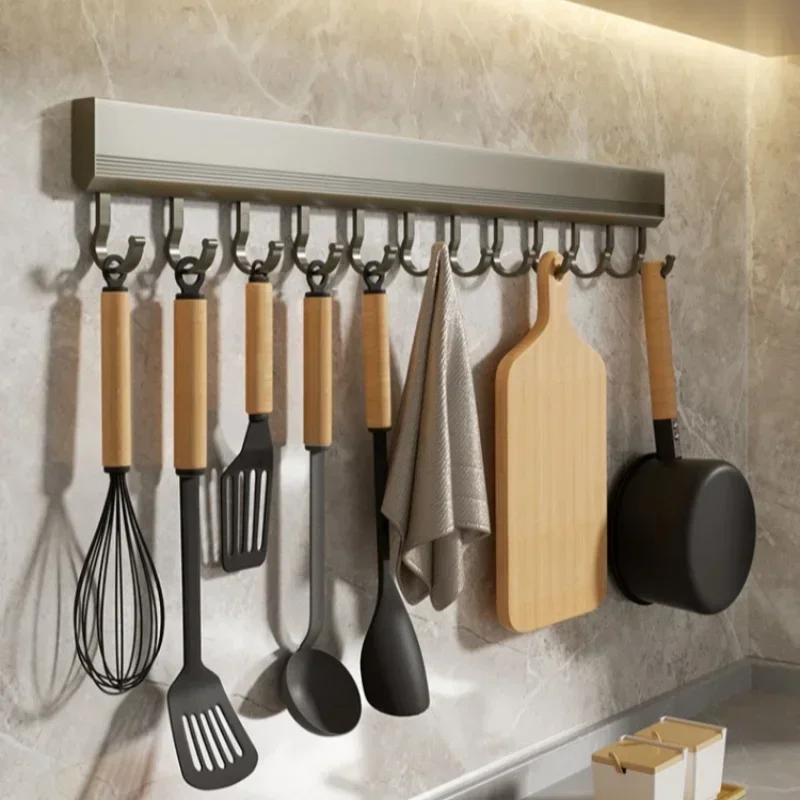 Kitchen Hook Wall Mounted Kitchen Storage Rack Storage Row Hook Holder No Punch Shelves with Movable Hook Kitchen Utensil