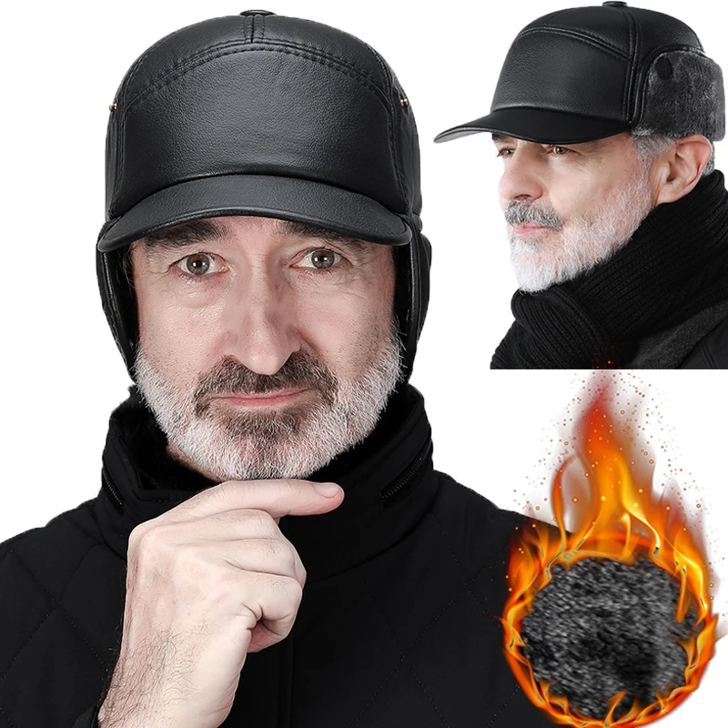 

Thicken Fur Brand Baseball Cap Outdoor Soft Plush Warm Hat Ear Protection Ski Winter Warm Cap PU Leather Windproof Earflaps Hat