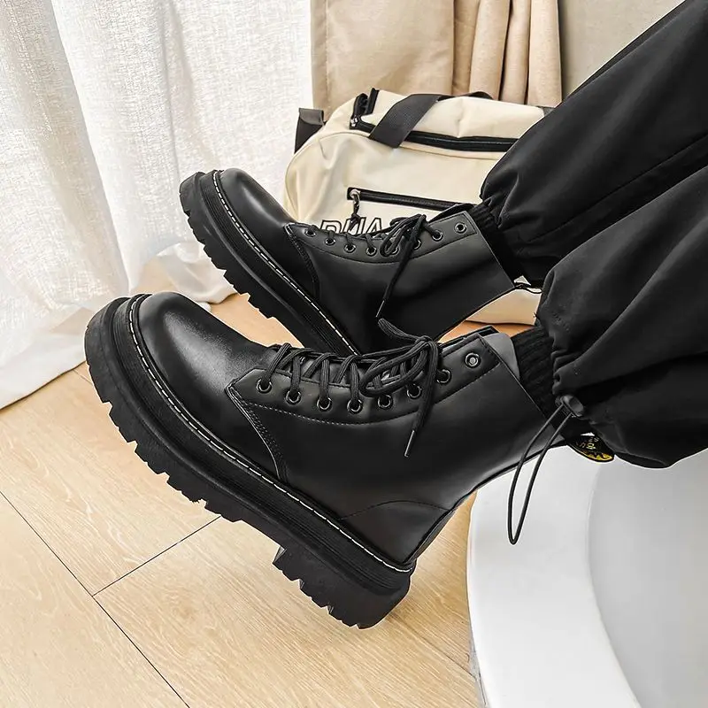 Bottes en cuir respirantes pour hommes, chaussures à plateforme montantes, tendance augmentée, printemps, nouveau, 2023