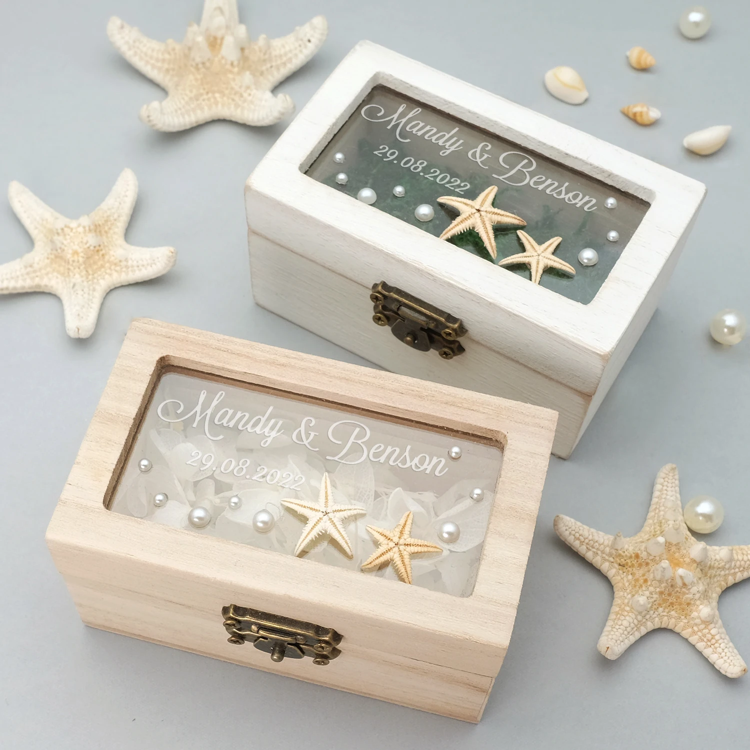 Custom Marine Beach Wedding Ring Bearer Box Beach Wedding Ring Box Starfish Ring Box Engagement Ring Holder Jewelry Pillow Box personalized hexagon ring bearer box wedding glass ring box decoration engagement box geometric jewelry storage box propose gift