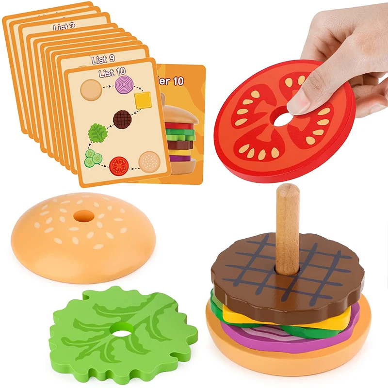 

Деревянный гамбургер Монтессори, штабелируемые Игрушки для малышей, детские дошкольные Обучающие игрушки, Играйте в еду с карточками, игрушки для детей на день рождения