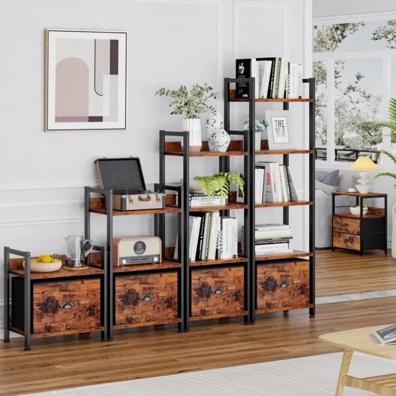 Description Picture 6 of item4 Tier Bookshelf with Drawer, Small Narrow Bookcase with Shelves, Wood and Metal Standing Shelf Unit, Industrial Display Shelves