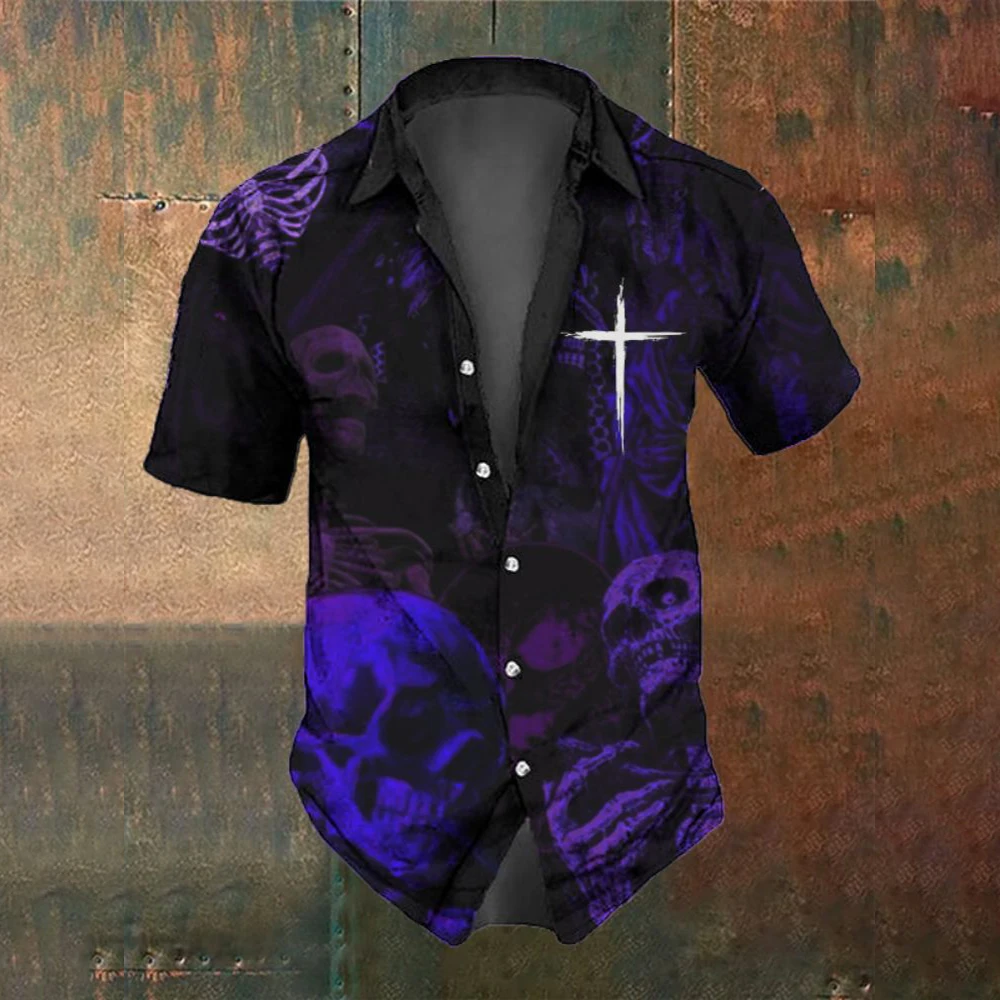 Retro Horror Skull Men's Short Sleeve Shirt Summer Fashion Skull Print Street Casual Trendy Men's Shirt Oversized Top SIZE S-5XL 2