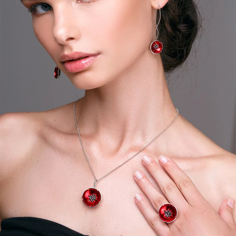 Red Flower Drop Dangle Earrings for Women Gold Color Twist Long Hook Earrings