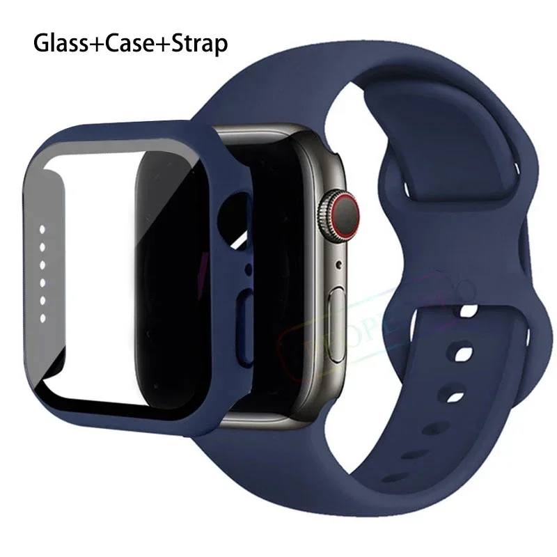 Premium Silicone Apple Watch Band with Glass Case and Strap - Compatible with All Series