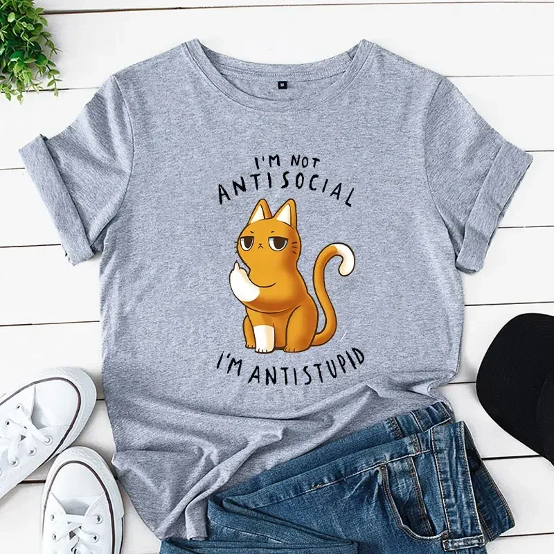 Casual Tees Ladies I'm Not Antisocial I 'm Antistupid Aesthetic Trend Summer Female Clothes Tshirt Tops Women Cat Cartoon Tshirt 6