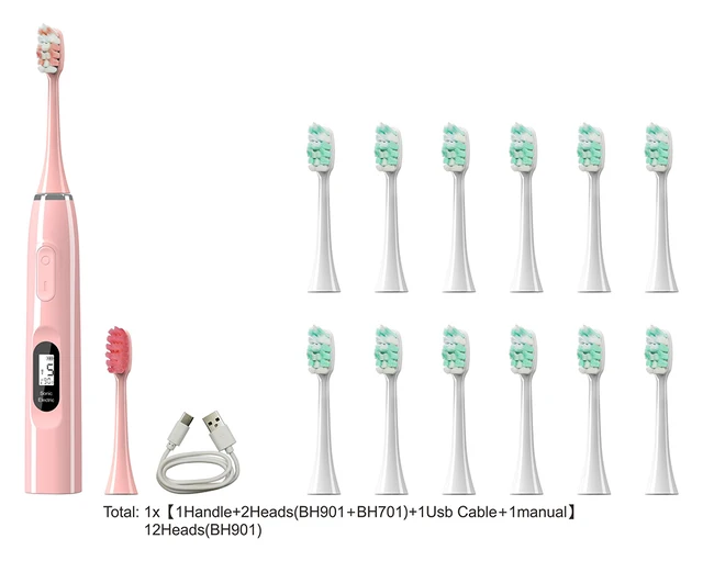 Sfeel 15 Modes LCD Screen Sonic Smart Electric Toothbrush Adult Timer USB Type C Rechargeable IPX7 Waterproof Whitening Pink-14 heads