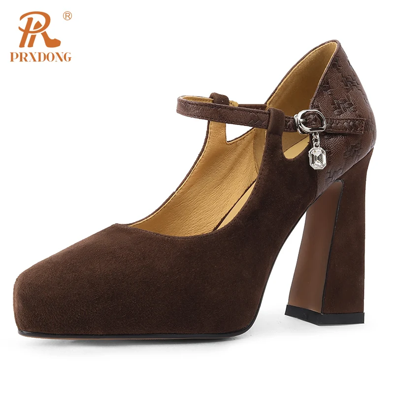 

PRXDONG INS New Retro Genuine Leather Spring Summer High Heels Pointed Toe Black Brown Dress Party Female Pumps Shoes Size 34-39