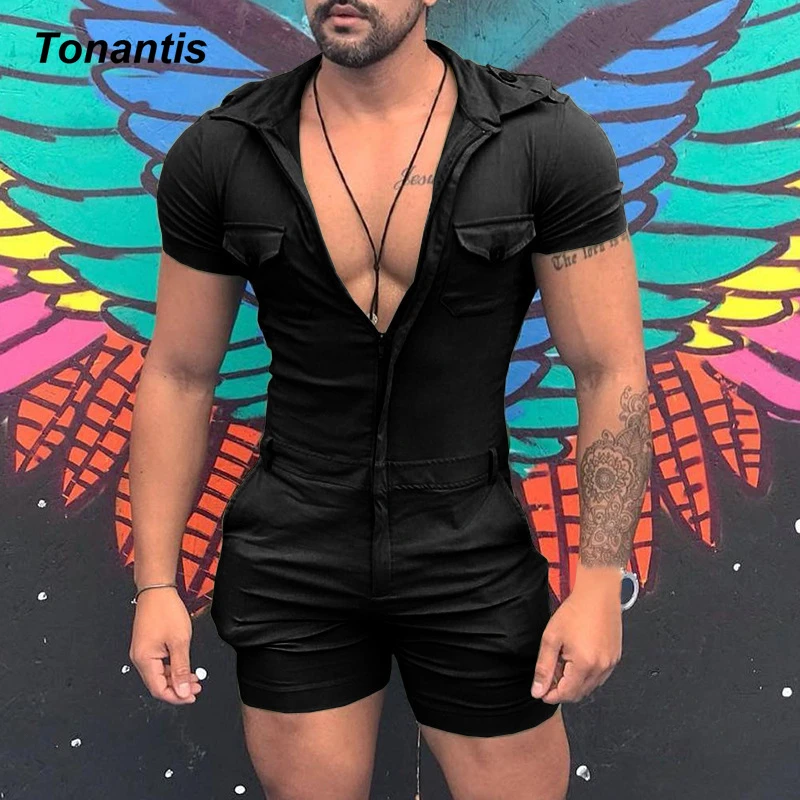 Fashion Cotton Men's Jumpsuit Summer Zipper Solid Color Short Sleeve Overalls Casual Streetwear Work Men's Bodysuit Y2K Clothing