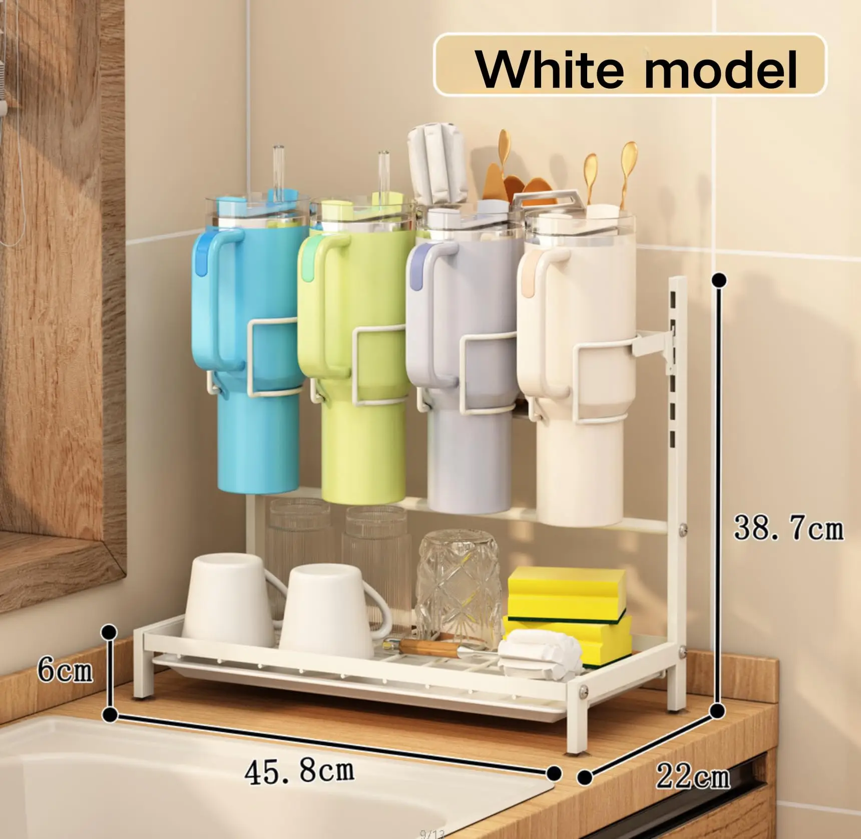 Metal Adjustable Tumbler Drying Rack For Stanley Cup Water Bottle Organizer For Kitchen Countertop White Thermos Holder 6