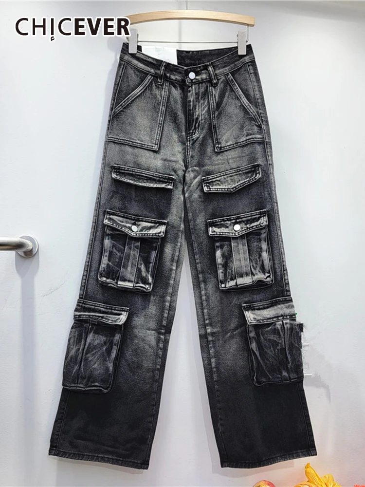 

CHICEVER Streetwear Fashion Pants For Women High Waist Spliced Pockets Vintage Loose Denim Cargo Trousers Female Autumn Clothing