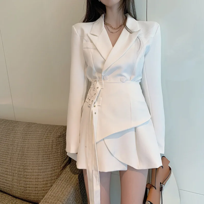 

Women Blazer Dress long slim Patchwork Asymmetry Vintage Women Coat Jackets Black Beige Bandage Fashion Outfit 2023