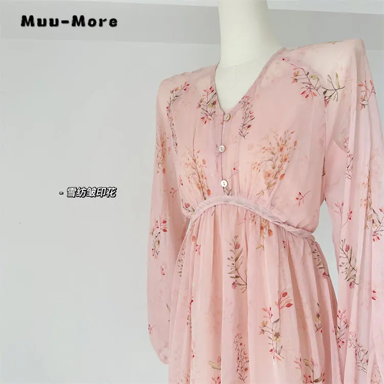 

2023 Summer Sweet Long Sleeve Floral Print V-neck Midi Dresses Women's Vintage Chiffon A-Line High Waist Thin Retro Pink Dress
